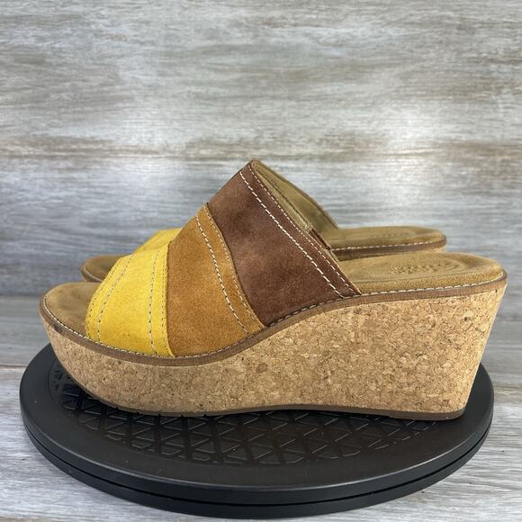 Clarks Women's Artisan Aisley Lily Leather Slip On Cork Wedge Sandals Size 10 - Picture 1 of 7